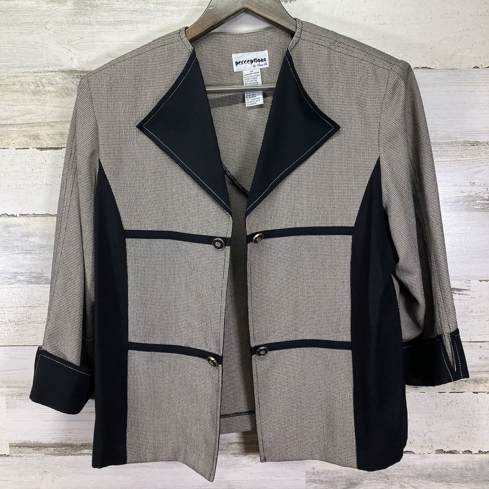 Perceptions  Irene‎ B Womens Gray & Black 3/4 Sleeve Open Front Blazer Jacket 14